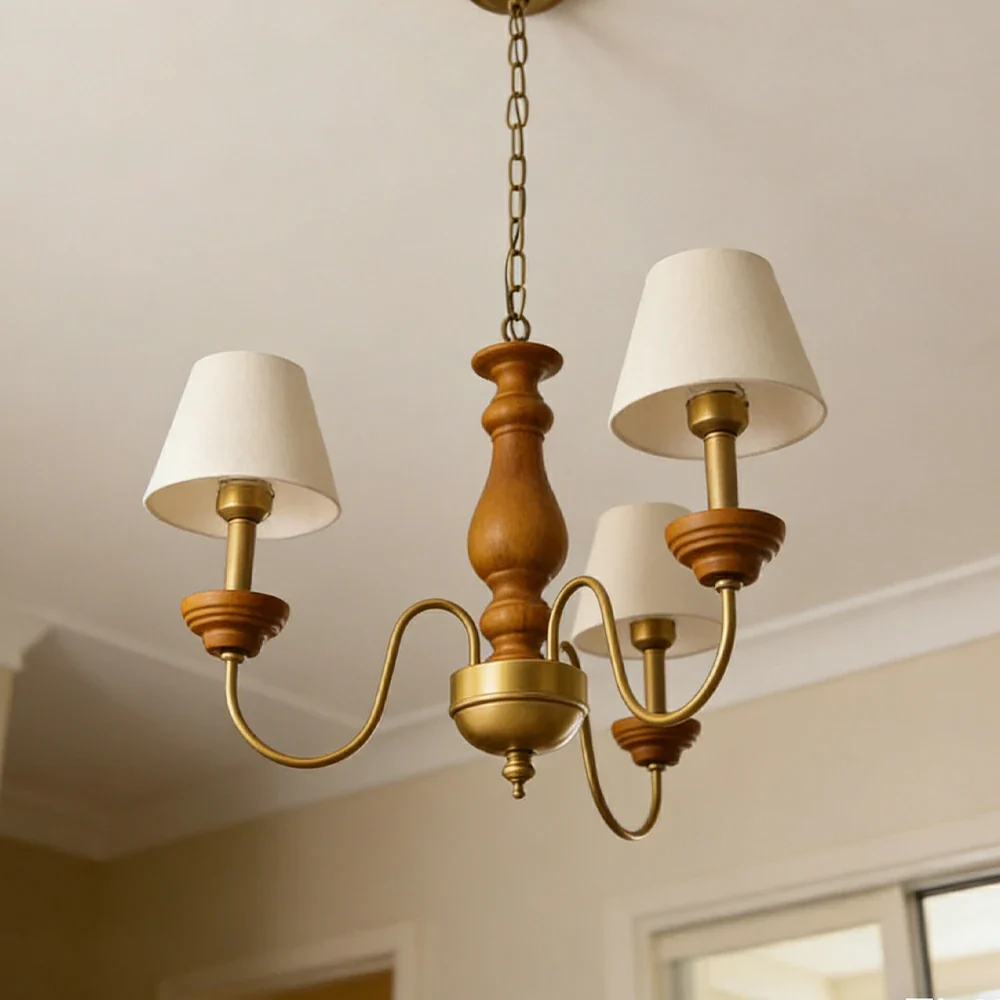 LIVARA Vintage Chandelier 3-Light Fabric Shade E27 Bulb Rubber Wood Frame Elegant Design for Dining Room Living Room Bedroom - Image 4