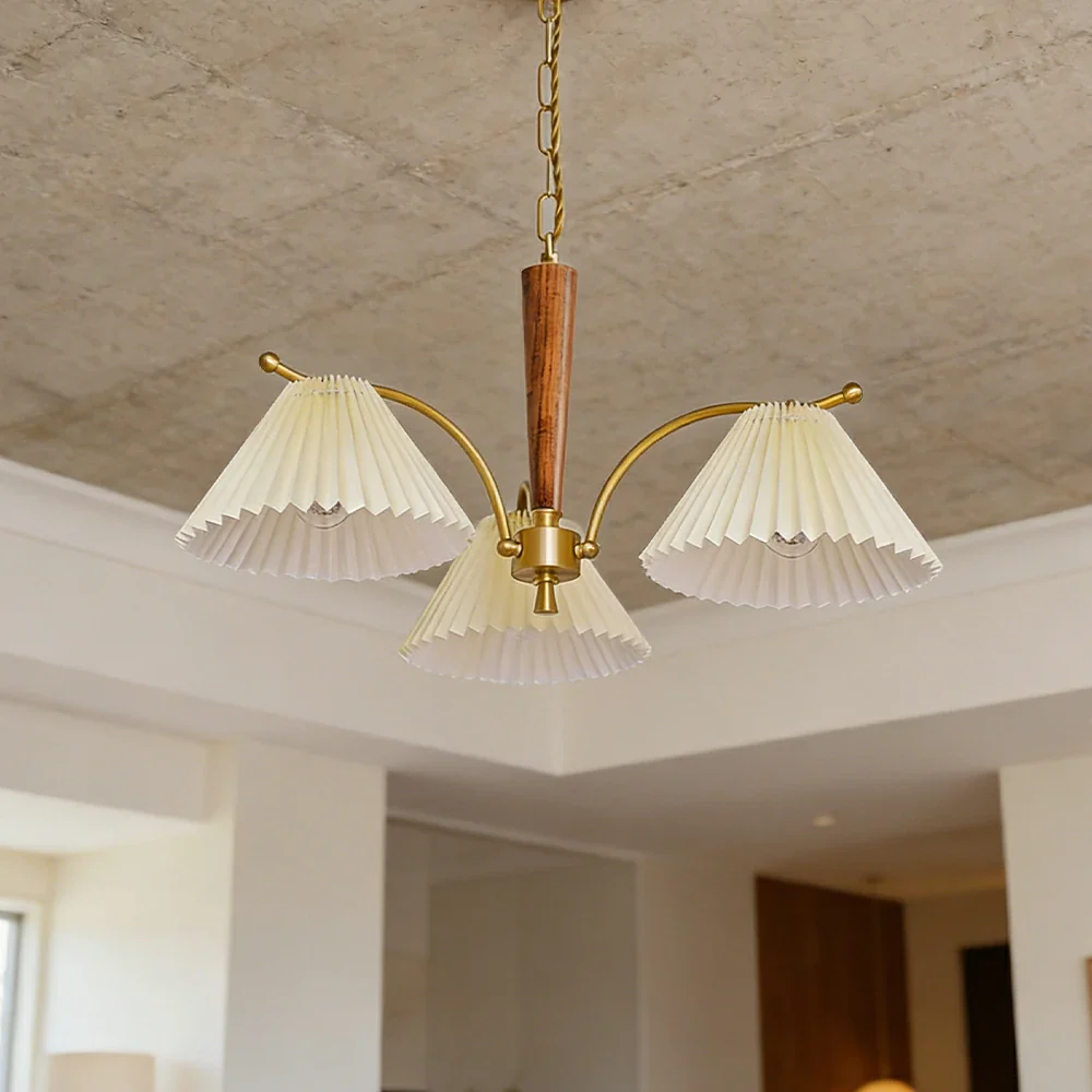 LIVARA Vintage Chandelier 3-Light Pleated Shade E27 6W Warm Light Rubber Wood Frame Elegant Design for Dining Room Living Room Bedroom - Image 4