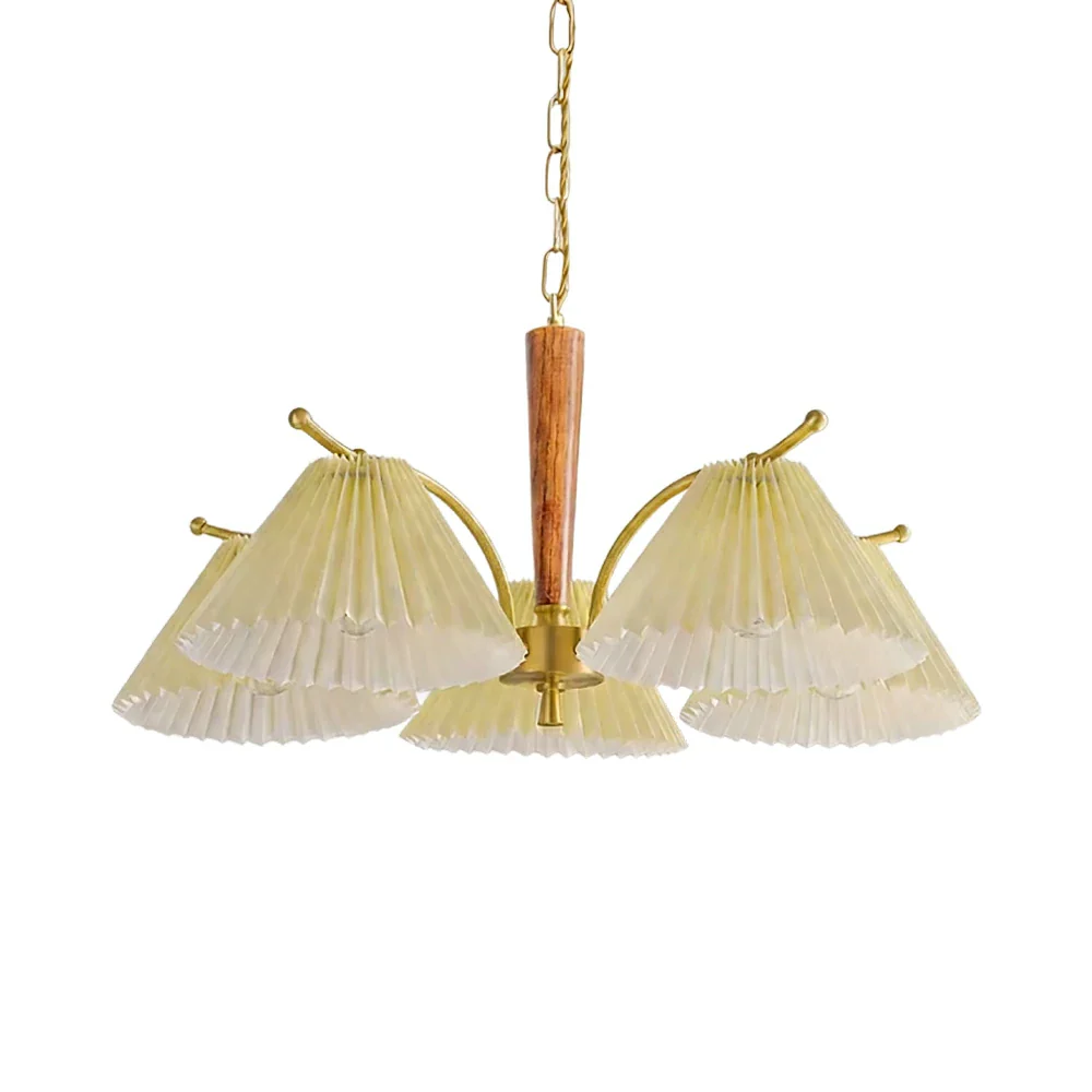 LIVARA Vintage Chandelier 5-Light Pleated Shade E27 6W Warm Light Rubber Wood Frame Elegant Design for Dining Room Living Room Bedroom