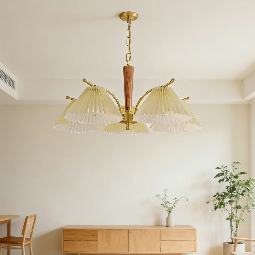 LIVARA Vintage Chandelier 5-Light Pleated Shade E27 6W Warm Light Rubber Wood Frame Elegant Design for Dining Room Living Room Bedroom - Image 2