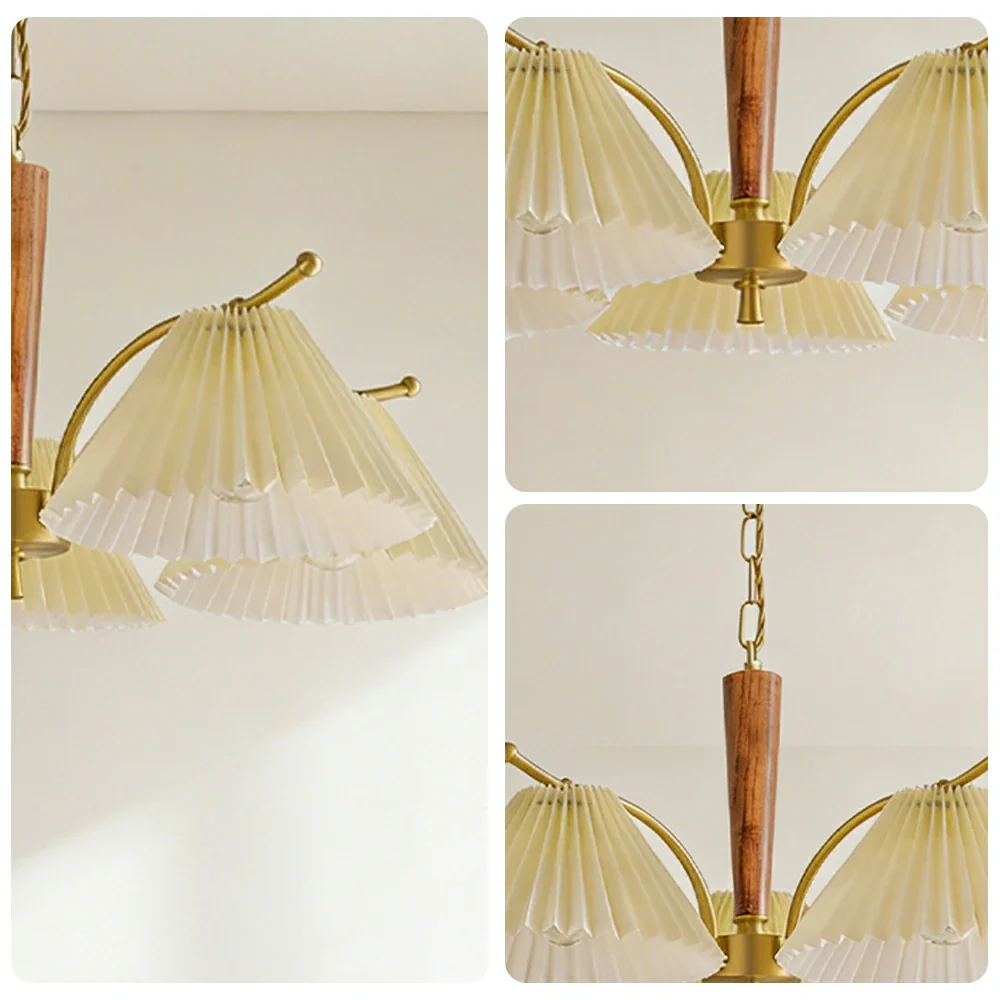 LIVARA Vintage Chandelier 5-Light Pleated Shade E27 6W Warm Light Rubber Wood Frame Elegant Design for Dining Room Living Room Bedroom - Image 3