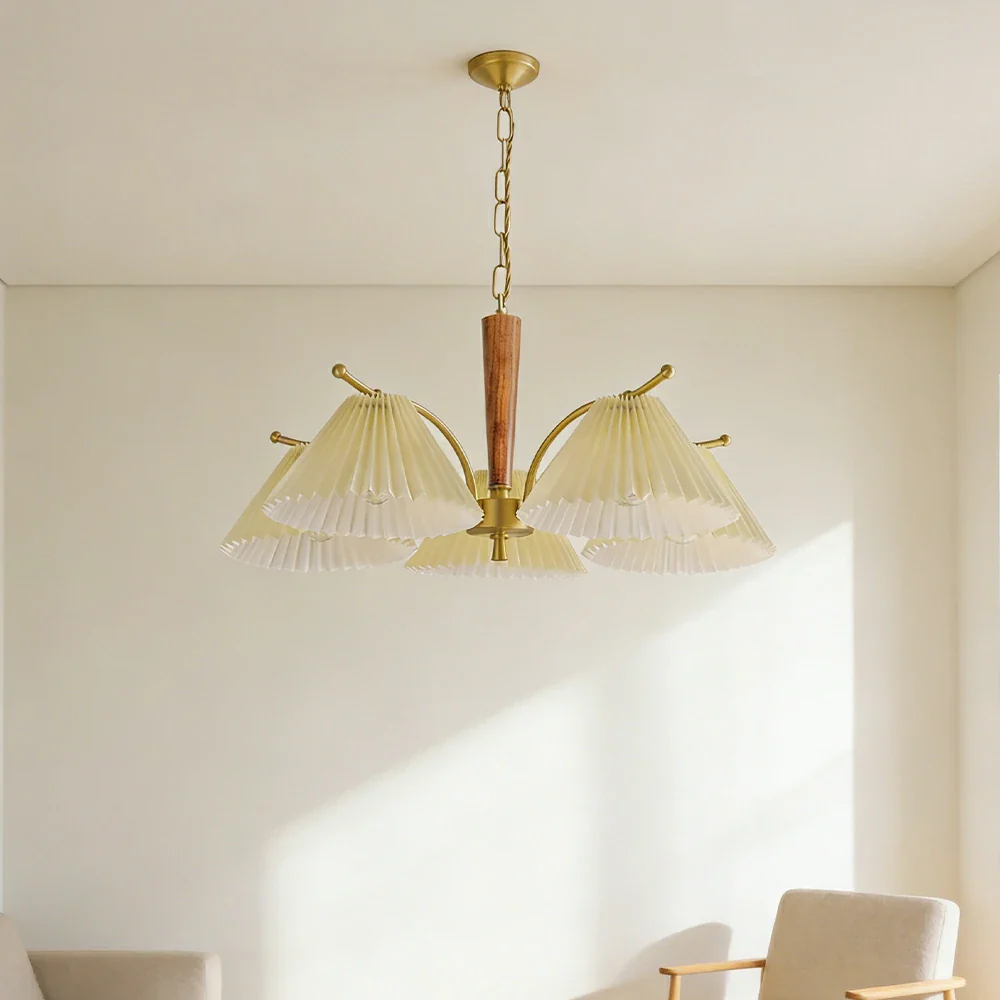 LIVARA Vintage Chandelier 5-Light Pleated Shade E27 6W Warm Light Rubber Wood Frame Elegant Design for Dining Room Living Room Bedroom - Image 4