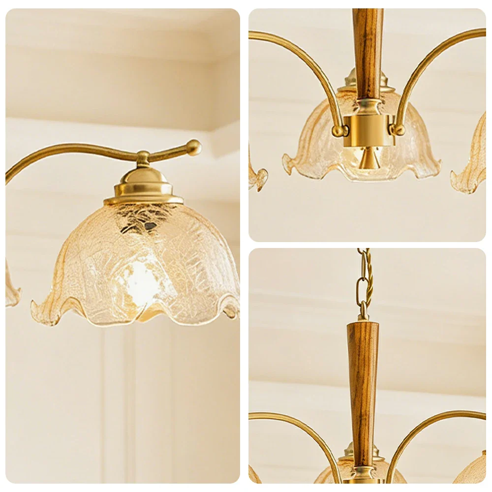 LIVARA Vintage Chandelier 3-Light Crackle Glass Shade E27 6W Warm Light Rubber Wood Frame Elegant Design for Dining Room Living Room Bedroom - Image 3