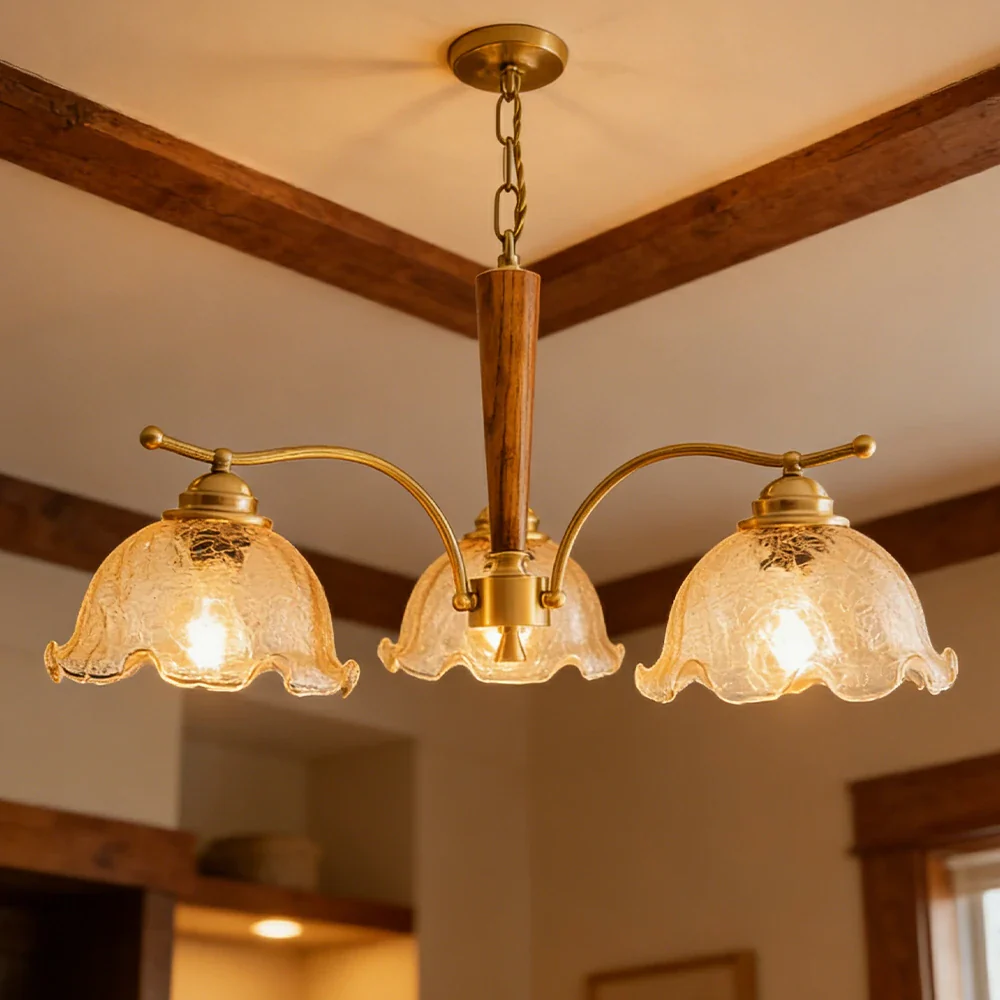 LIVARA Vintage Chandelier 3-Light Crackle Glass Shade E27 6W Warm Light Rubber Wood Frame Elegant Design for Dining Room Living Room Bedroom - Image 4