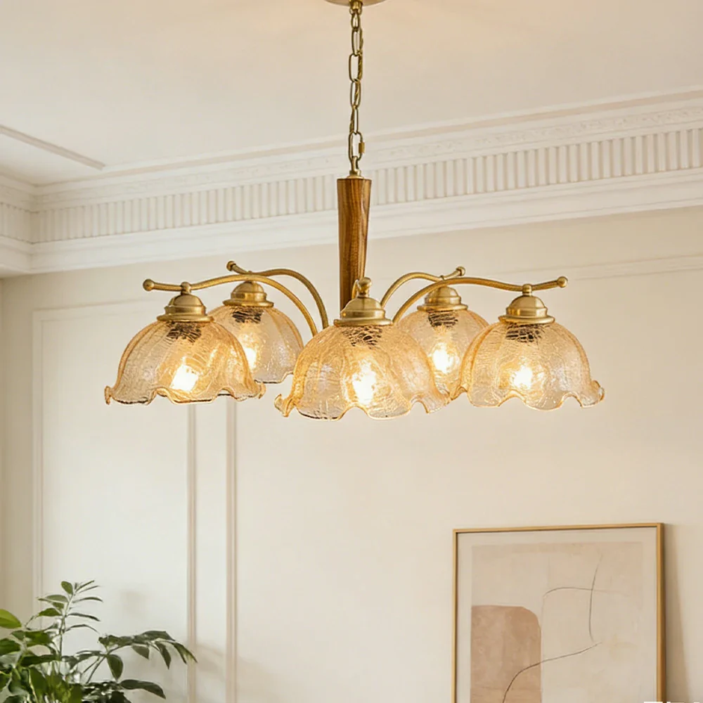 LIVARA Vintage Chandelier 5-Light Crackle Glass Shade E27 6W Warm Light Rubber Wood Frame Elegant Design for Dining Room Living Room Bedroom - Image 2