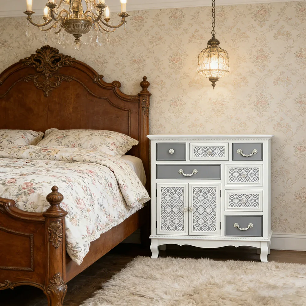 LIVARA Vintage Carved Storage Cabinet Multi Drawer Sideboard Solid Wood MDF Distressed White Grey Decorative Furniture - Image 2
