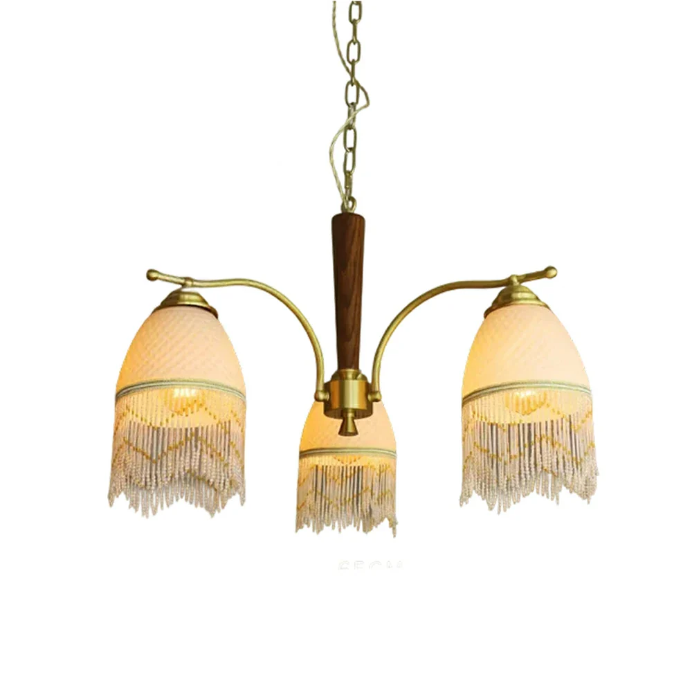 LIVARA Vintage Chandelier 3-Light Tassel Shade E27 6W Warm Light Rubber Wood Frame Elegant Design for Dining Room Living Room Bedroom