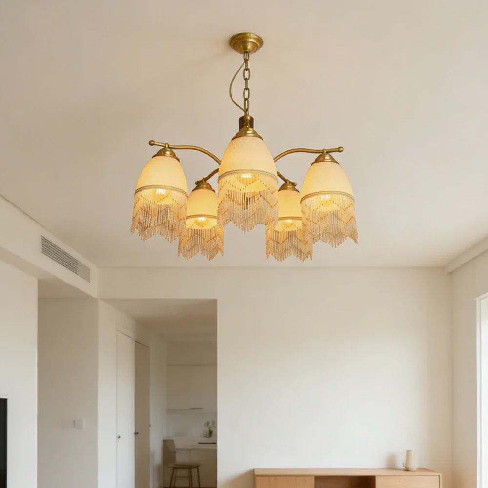 LIVARA Vintage Chandelier 5-Light Tassel Shade E27 6W Warm Light Rubber Wood Frame Elegant Design for Dining Room Living Room Bedroom - Image 2