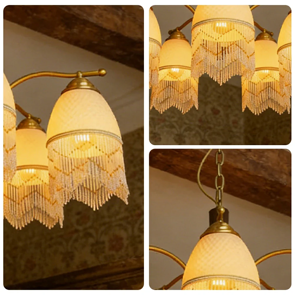 LIVARA Vintage Chandelier 5-Light Tassel Shade E27 6W Warm Light Rubber Wood Frame Elegant Design for Dining Room Living Room Bedroom - Image 3