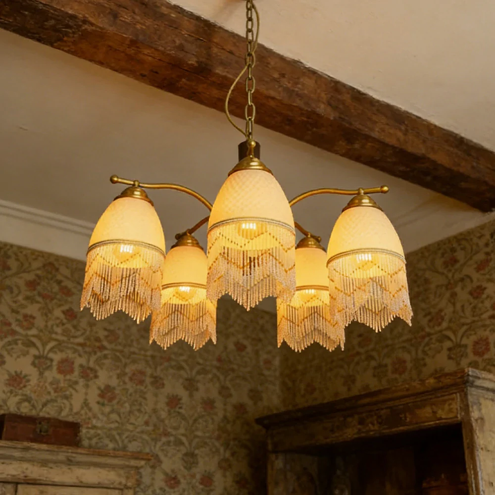 LIVARA Vintage Chandelier 5-Light Tassel Shade E27 6W Warm Light Rubber Wood Frame Elegant Design for Dining Room Living Room Bedroom - Image 4