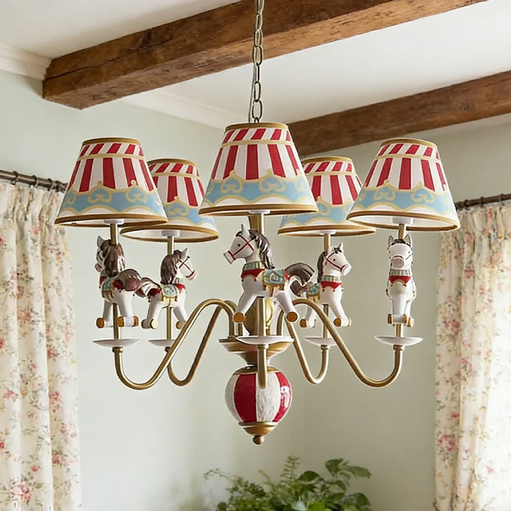 LIVARA Vintage Chandelier Playground Horse Design LED Bulb Included Fabric Shade Elegant Style for Bedroom Dining Living Room - Image 4