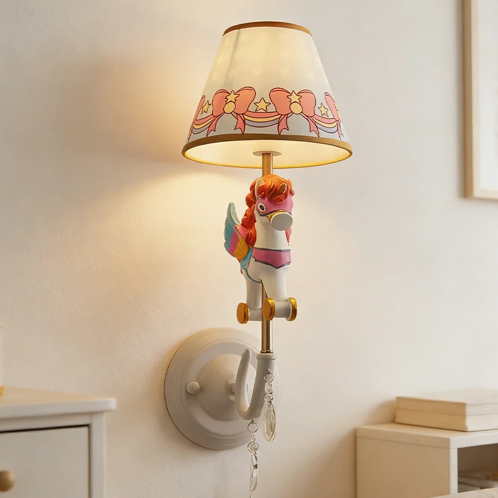 LIVARA Vintage Wall Light Unicorn Pony Design LED Bulb Included Fabric Shade Elegant Style for Bedroom Hallway Living Room - Rose Red - Image 2