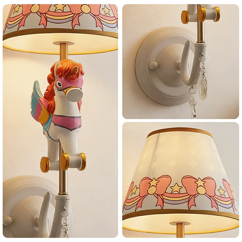 LIVARA Vintage Wall Light Unicorn Pony Design LED Bulb Included Fabric Shade Elegant Style for Bedroom Hallway Living Room - Rose Red - Image 3