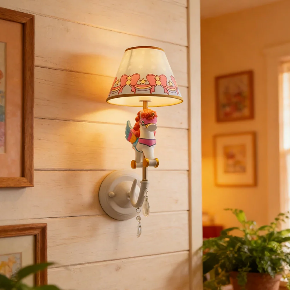 LIVARA Vintage Wall Light Unicorn Pony Design LED Bulb Included Fabric Shade Elegant Style for Bedroom Hallway Living Room - Rose Red - Image 4