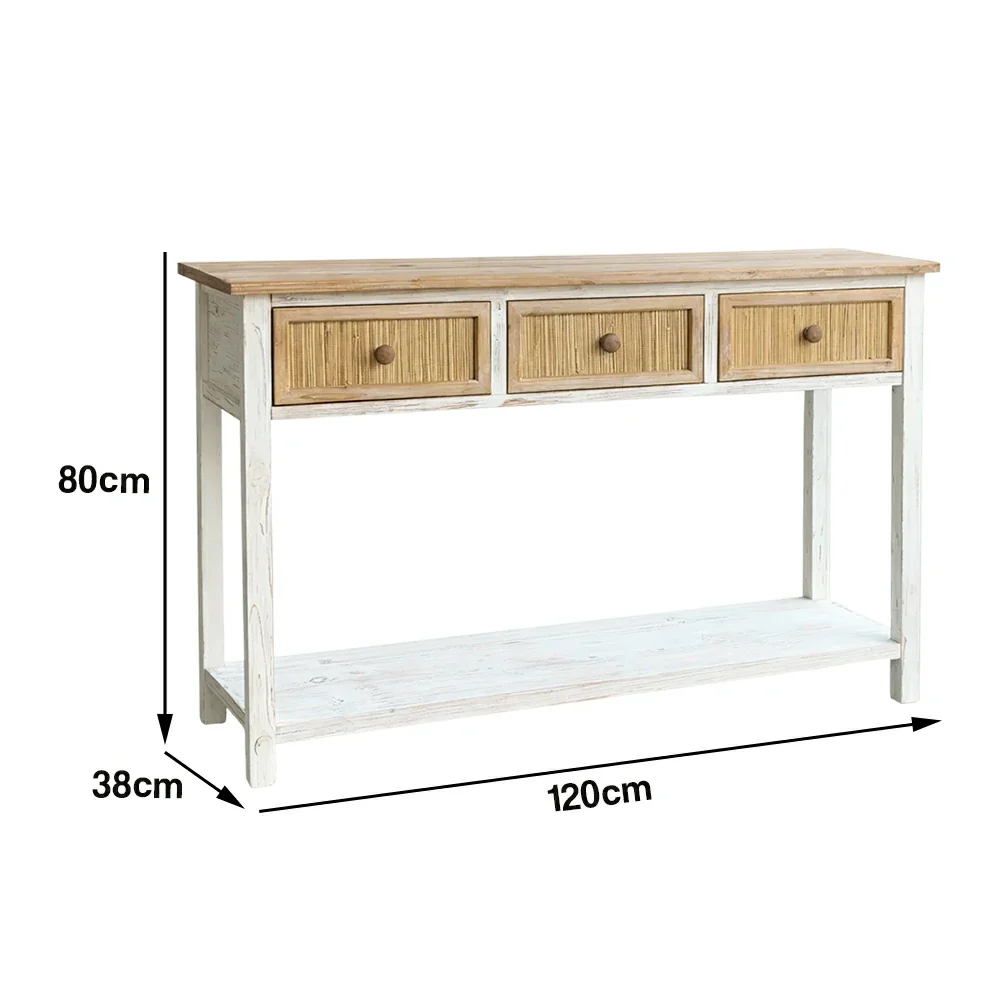 LIVARA Rustic Console Table with 3 Drawers and Shelf Solid Wood MDF Natural Finish Woven Drawer Storage Table - Image 5