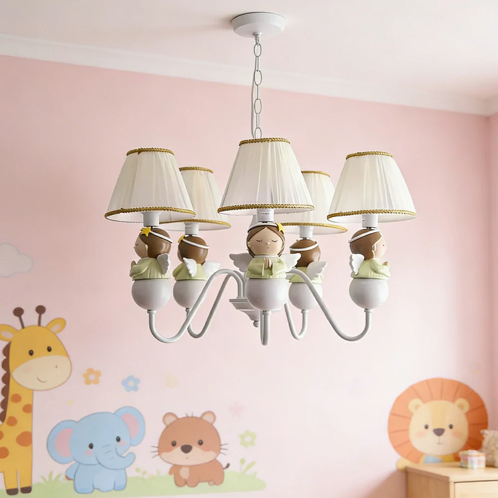 LIVARA Vintage Chandelier Angel Design LED Bulb Included Fabric Shade Elegant Style for Bedroom Dining Living Room - White - Image 2