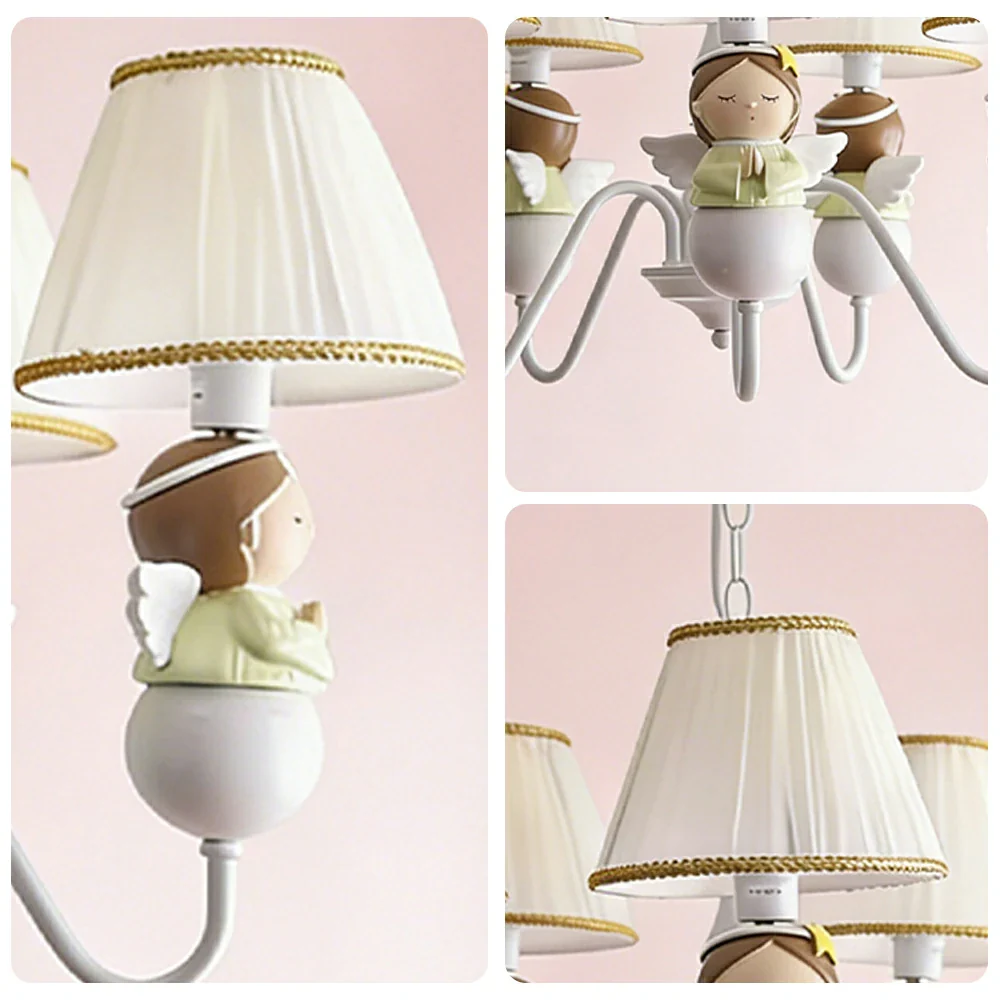 LIVARA Vintage Chandelier Angel Design LED Bulb Included Fabric Shade Elegant Style for Bedroom Dining Living Room - White - Image 3