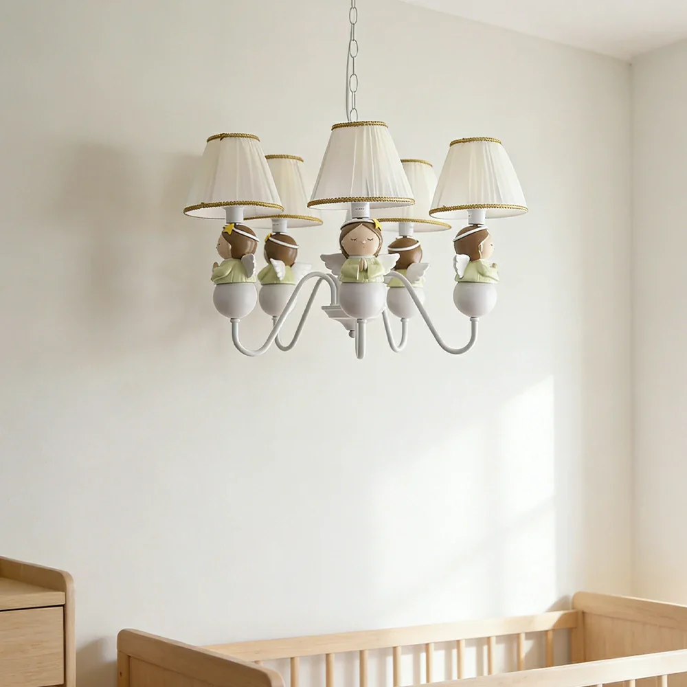 LIVARA Vintage Chandelier Angel Design LED Bulb Included Fabric Shade Elegant Style for Bedroom Dining Living Room - White - Image 4
