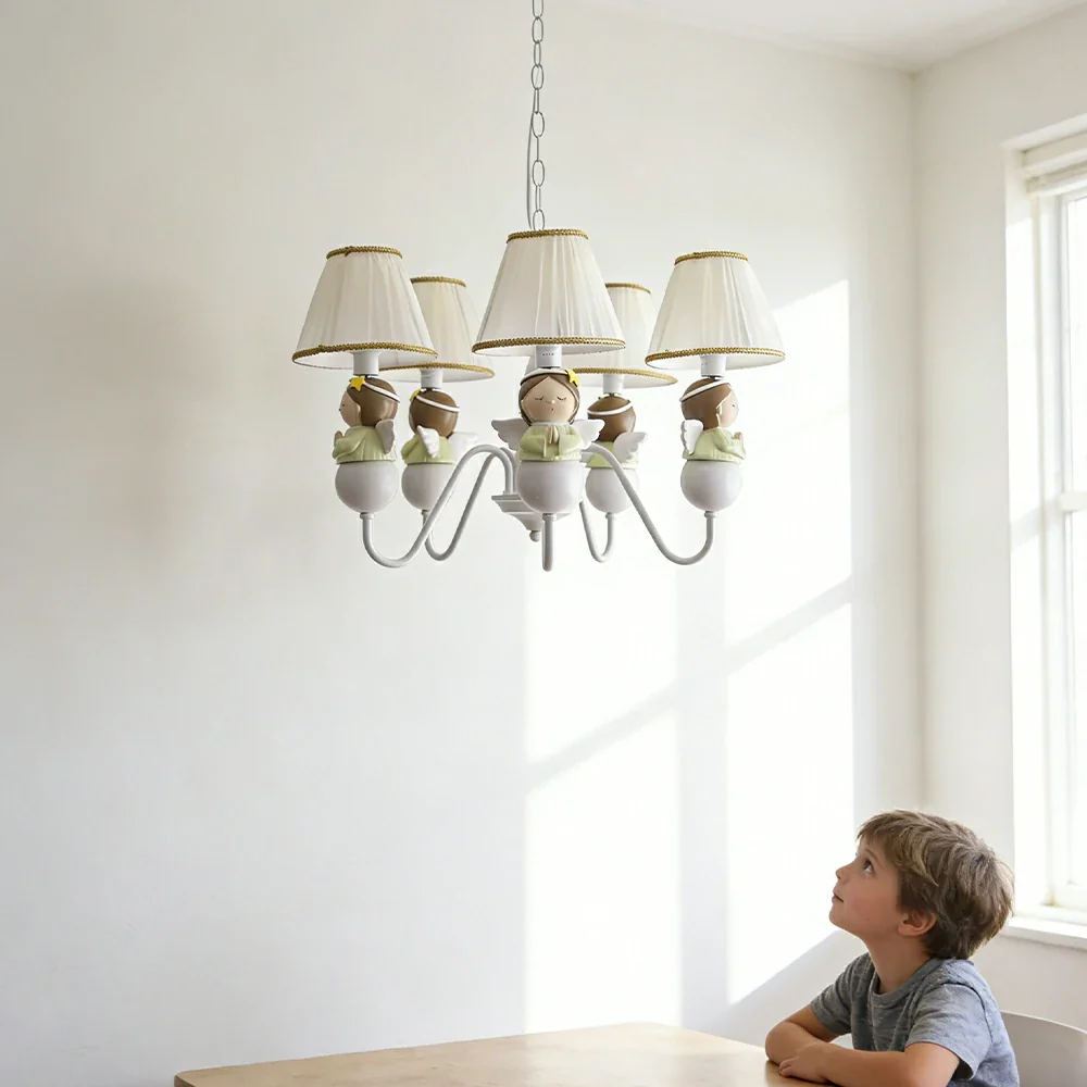 LIVARA Vintage Chandelier Angel Design LED Bulb Included Fabric Shade Elegant Style for Bedroom Dining Living Room - White - Image 5