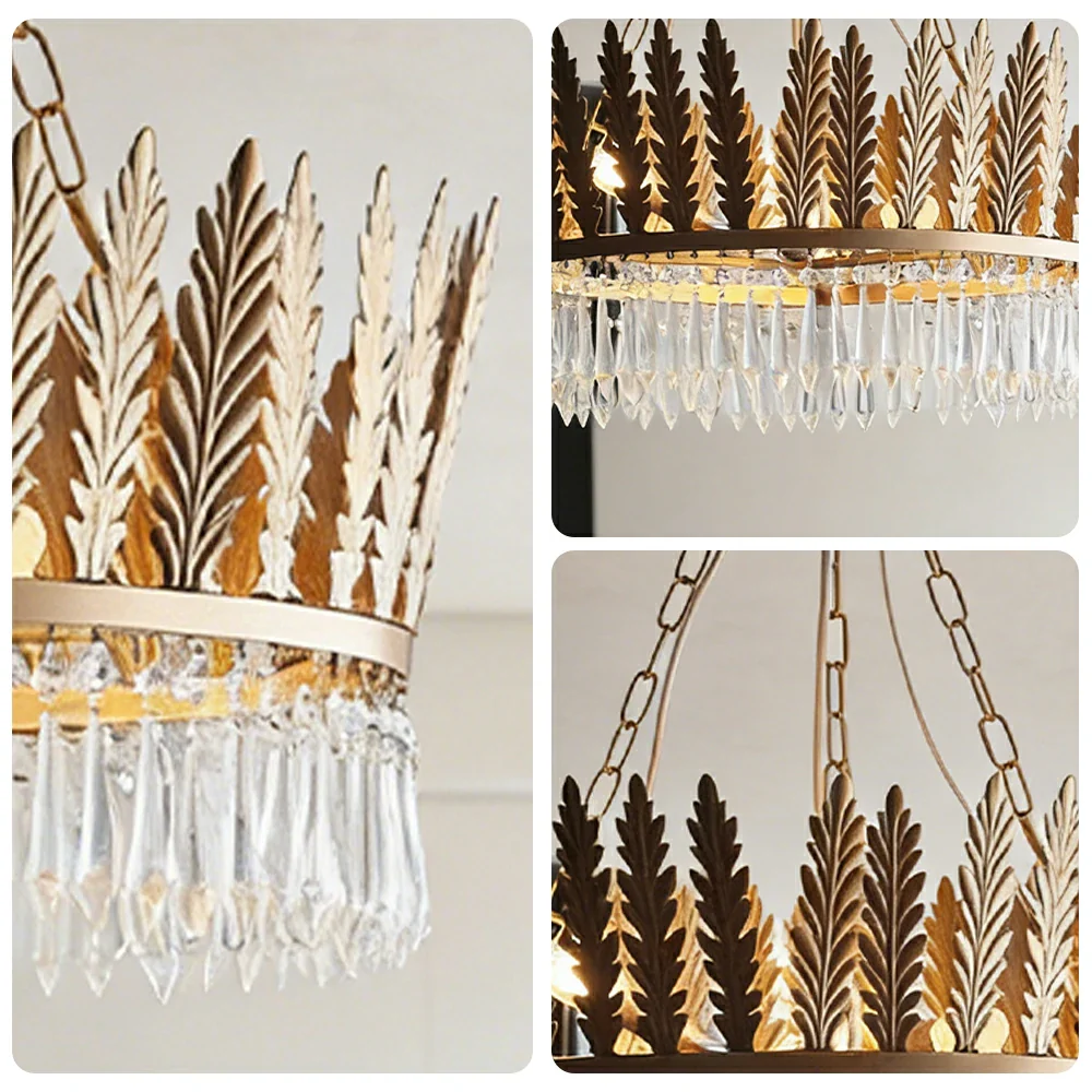 LIVARA Vintage Chandelier Large Crystal Leaf Design Iron Frame Elegant Style for Bedroom Dining Living Room (Bulb Not Included) - Image 3