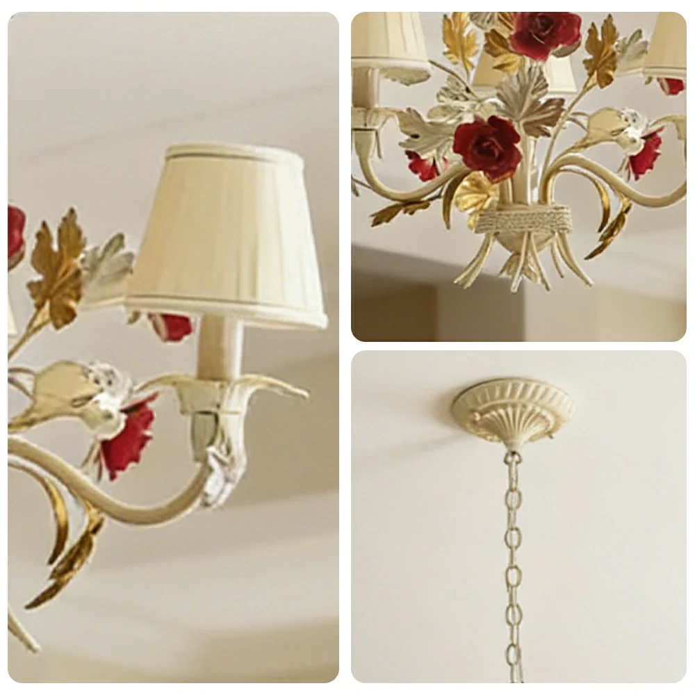 LIVARA Vintage Chandelier Floral Fabric Shade Iron Frame Elegant French Style for Bedroom Dining Living Room (Bulb Not Included) - Image 3