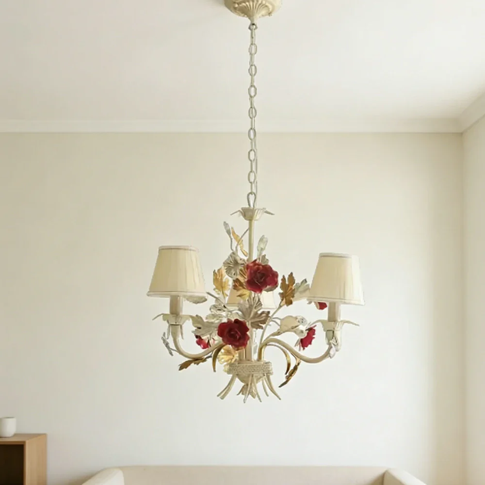LIVARA Vintage Chandelier Floral Fabric Shade Iron Frame Elegant French Style for Bedroom Dining Living Room (Bulb Not Included) - Image 4