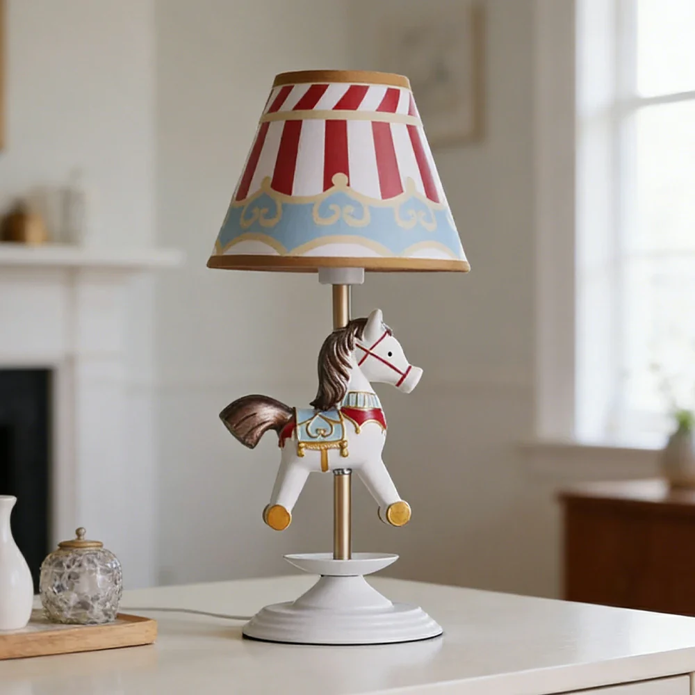 LIVARA Vintage Table Lamp Unicorn Design LED Bulb Included Fabric Shade Elegant Style for Bedroom Living Room - Red - Image 4