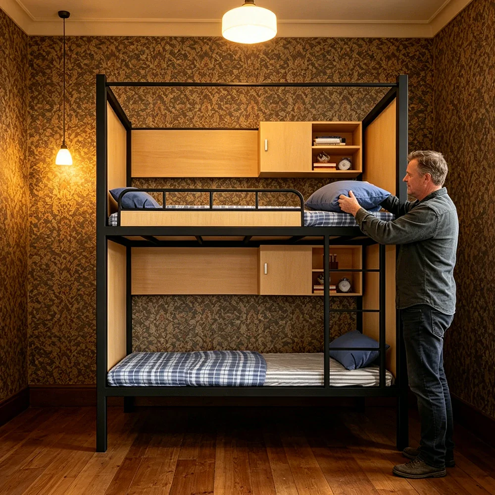 LIVARA Steel Bunk Bed Frame with Storage Heavy Duty 90/100/120cm Dormitory Apartment Space Saving - Image 5