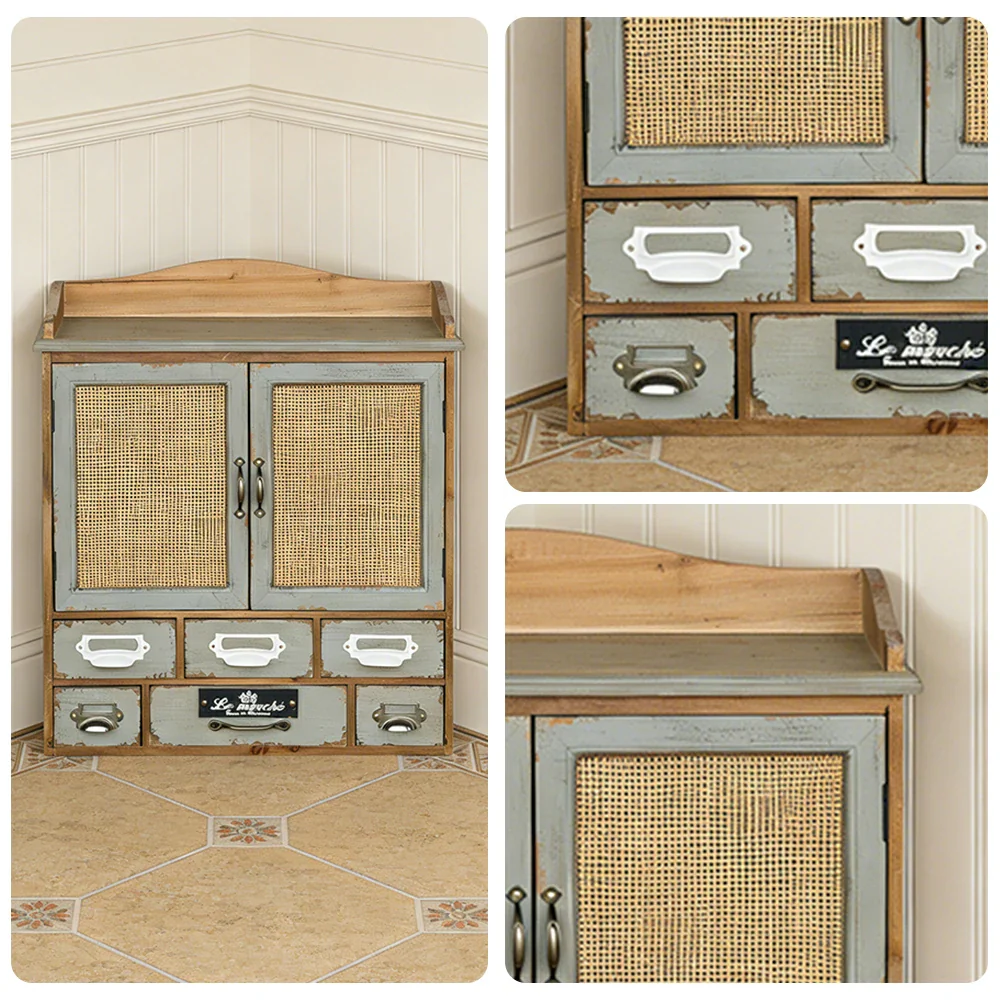 LIVARA Vintage Wall Mounted Storage Cabinet Multi Drawer Organizer Solid Wood Rattan Door Rustic Display Shelf - Image 3