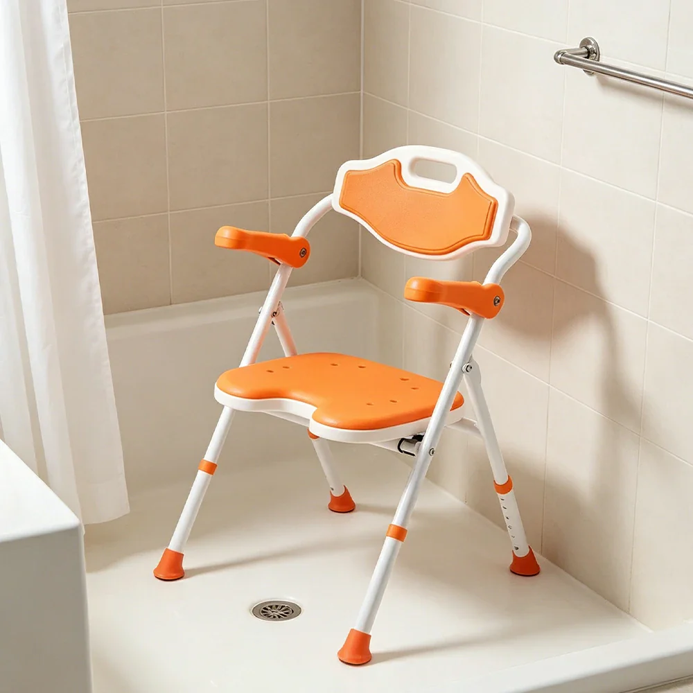 LIVARA Shower Chair Adjustable Height EVA Seat Foldable Armrests Anti-Slip Aluminum Frame for Elderly Bathroom Safety - Orange - Image 2