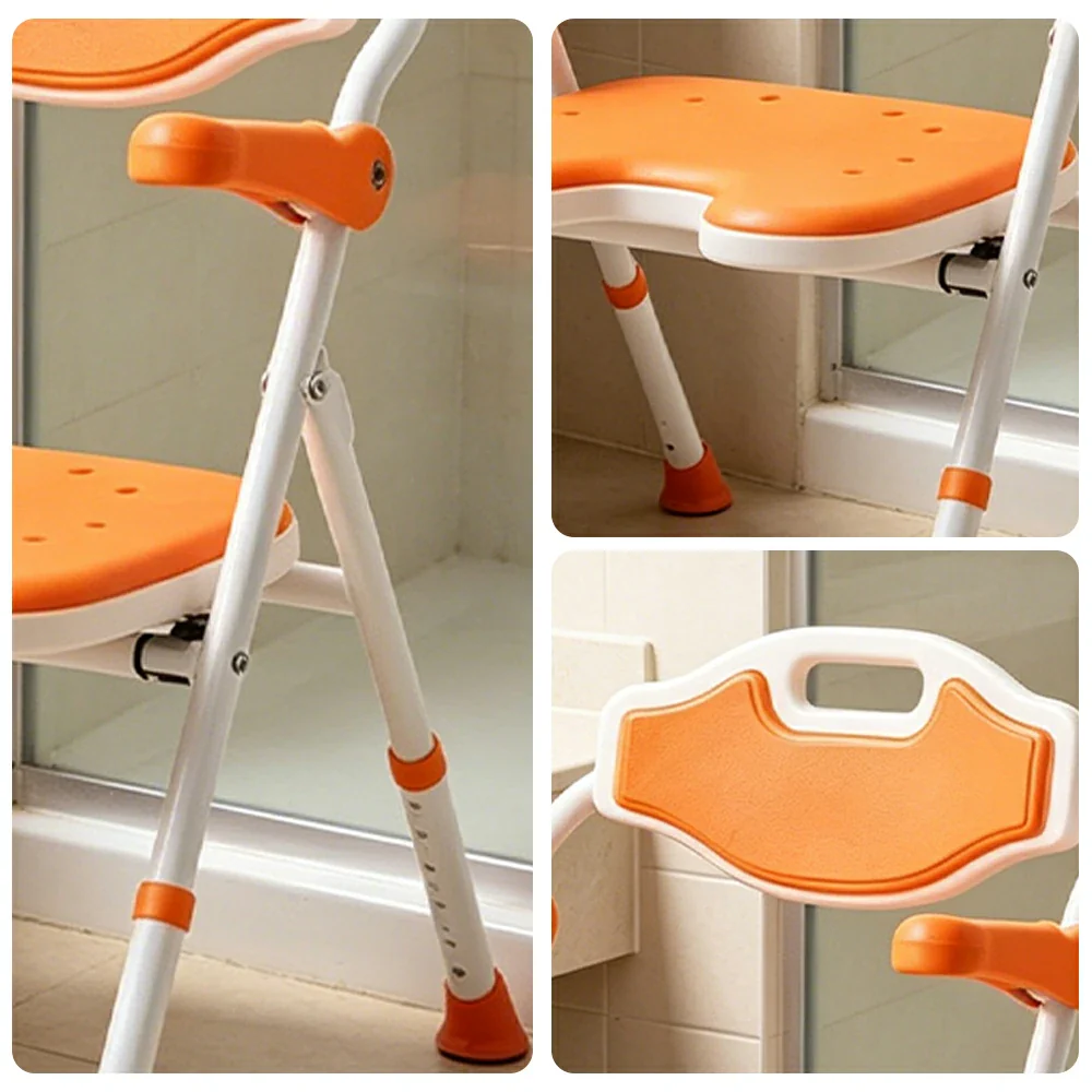 LIVARA Shower Chair Adjustable Height EVA Seat Foldable Armrests Anti-Slip Aluminum Frame for Elderly Bathroom Safety - Orange - Image 3