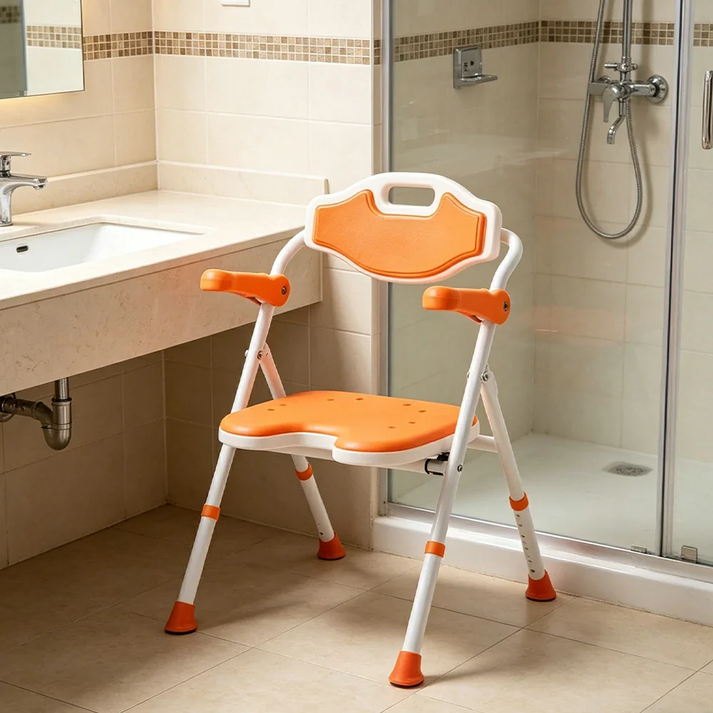 LIVARA Shower Chair Adjustable Height EVA Seat Foldable Armrests Anti-Slip Aluminum Frame for Elderly Bathroom Safety - Orange - Image 4