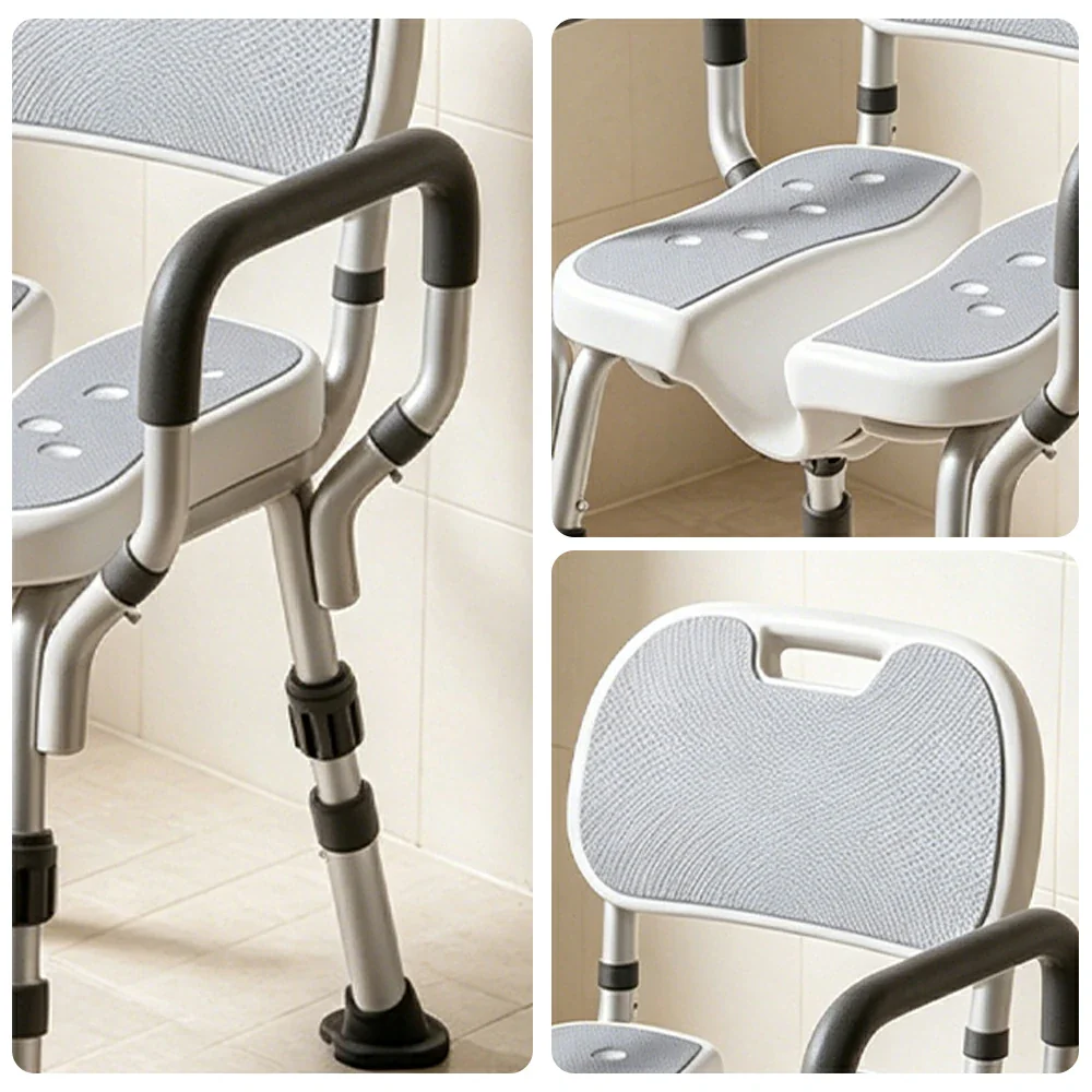 LIVARA Shower Chair with Grooved Seat Adjustable Height Soft Wave Cushion Waterproof Panel Anti-Slip Feet for Elderly Pregnant Bathroom Safety - Image 3