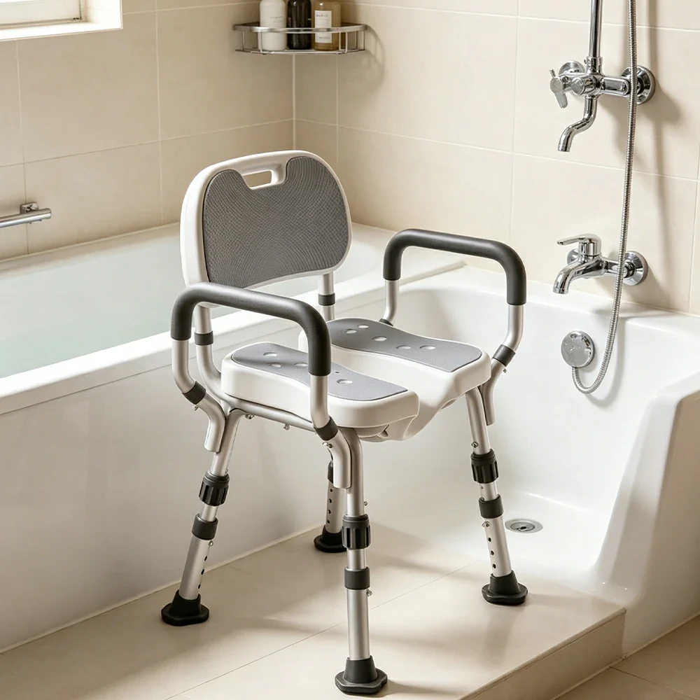 LIVARA Shower Chair with Grooved Seat Adjustable Height Soft Wave Cushion Waterproof Panel Anti-Slip Feet for Elderly Pregnant Bathroom Safety - Image 4