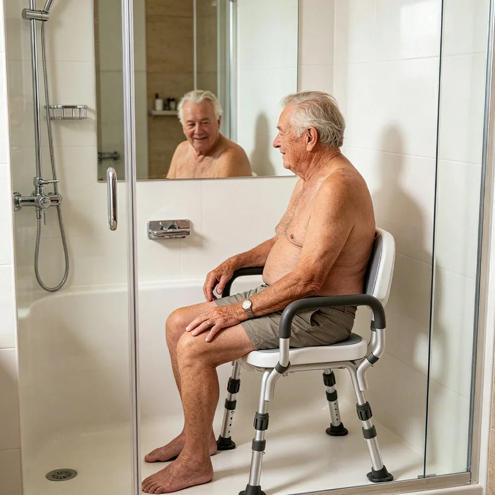 LIVARA Shower Chair with Grooved Seat Adjustable Height Soft Wave Cushion Waterproof Panel Anti-Slip Feet for Elderly Pregnant Bathroom Safety - Image 5