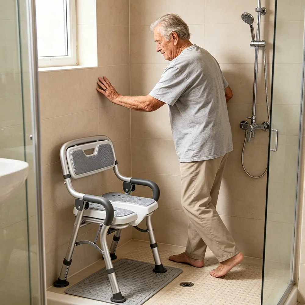 LIVARA Foldable Shower Chair with Grooved Seat Adjustable Height Soft Wave Cushion Waterproof Panel Anti-Slip Feet for Elderly Pregnant Bathroom Safety - Image 5