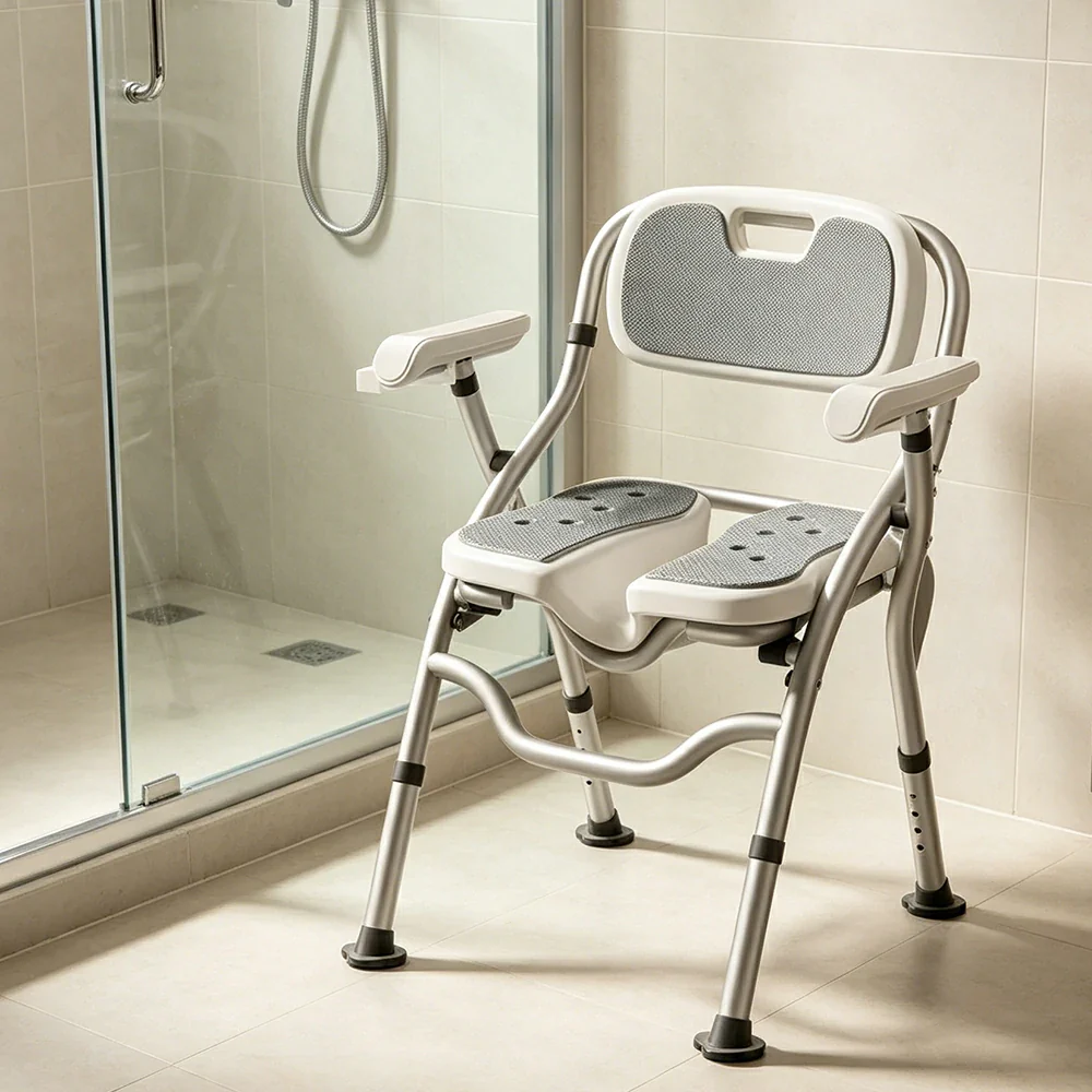 LIVARA Large Foldable Shower Chair with Grooved Seat Adjustable Height Soft Wave Cushion Waterproof Panel Anti-Slip Feet for Elderly Pregnant Bathroom Safety - Image 2