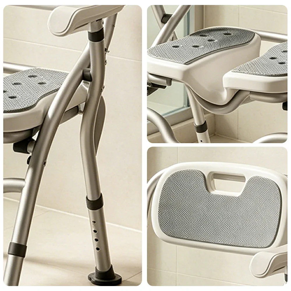LIVARA Large Foldable Shower Chair with Grooved Seat Adjustable Height Soft Wave Cushion Waterproof Panel Anti-Slip Feet for Elderly Pregnant Bathroom Safety - Image 3