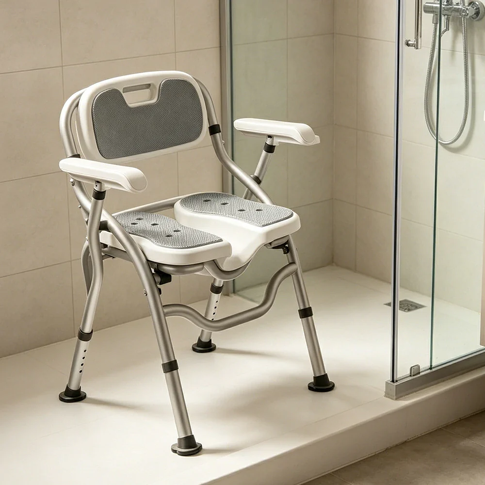 LIVARA Large Foldable Shower Chair with Grooved Seat Adjustable Height Soft Wave Cushion Waterproof Panel Anti-Slip Feet for Elderly Pregnant Bathroom Safety - Image 4