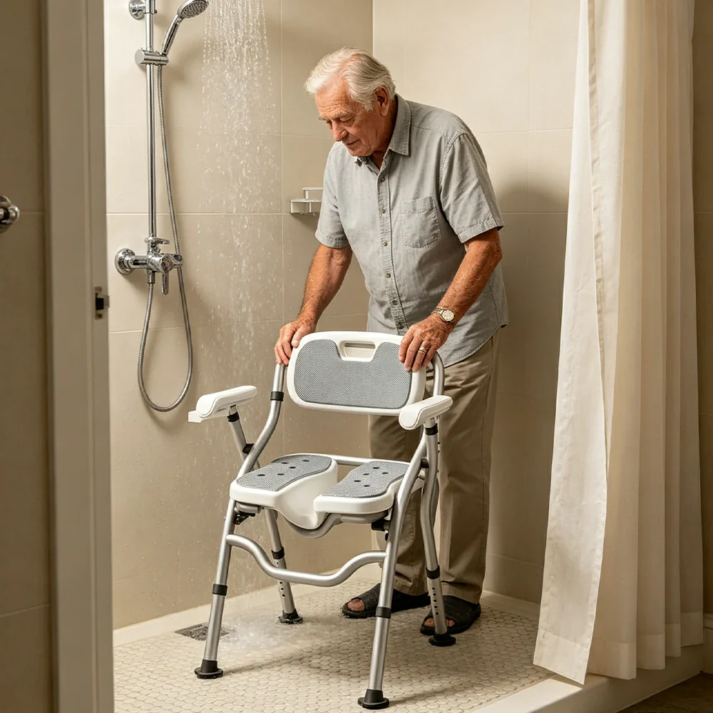 LIVARA Large Foldable Shower Chair with Grooved Seat Adjustable Height Soft Wave Cushion Waterproof Panel Anti-Slip Feet for Elderly Pregnant Bathroom Safety - Image 5