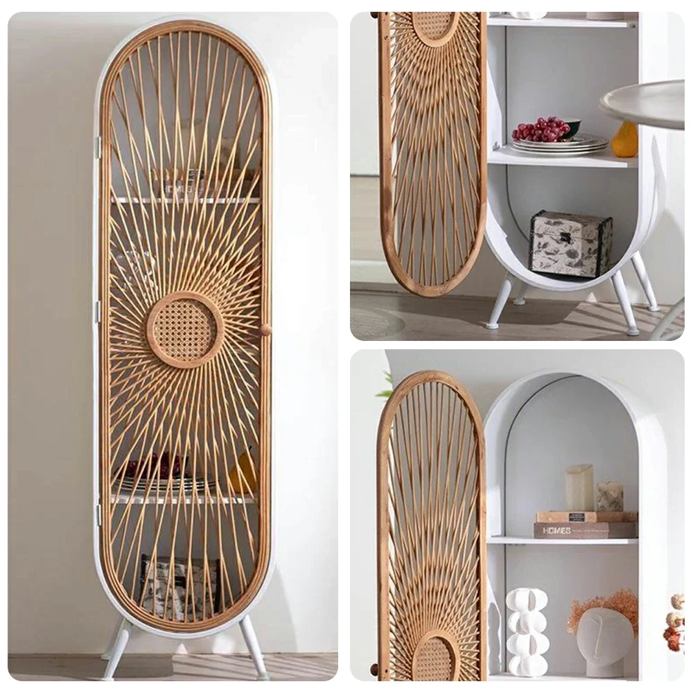 LIVARA Vintage Bamboo Storage Cabinet Tall Organizer Shelf Handwoven Door Solid Wood Frame Arched Design - Image 3