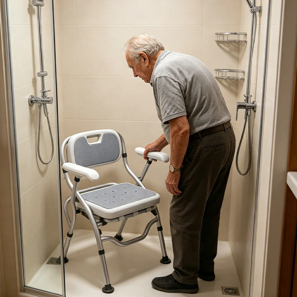 LIVARA Large Foldable Shower Chair with Square Seat Adjustable Height Soft Wave Cushion Waterproof Panel Anti-Slip Feet for Elderly Pregnant Bathroom Safety - Image 5