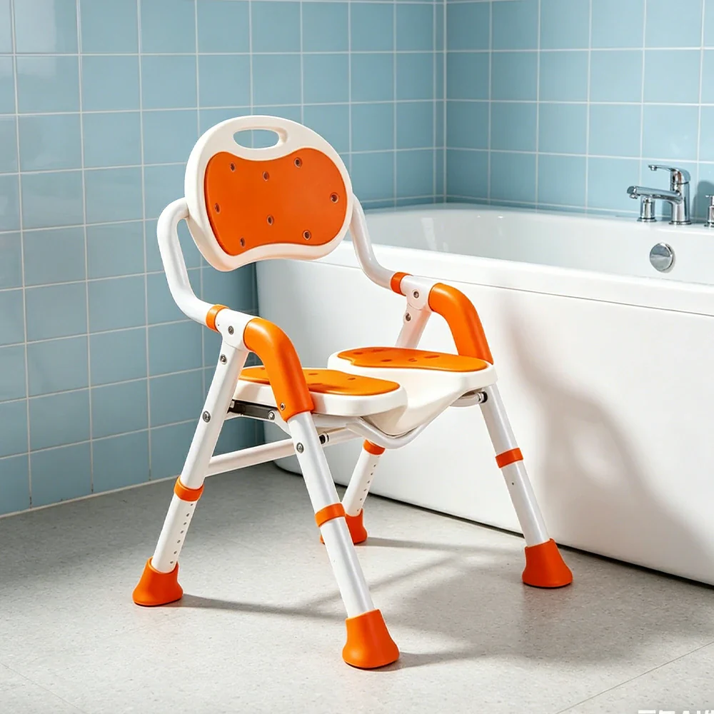 LIVARA Foldable Shower Chair with EVA Cushion PE Waterproof Seat Drainage Holes Anti-Slip Feet for Elderly Pregnant Bathroom Use - Orange - Image 4