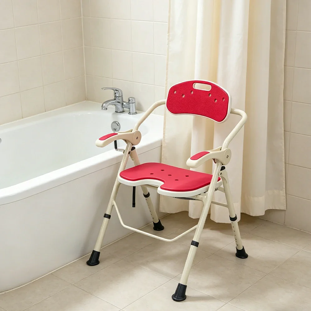 LIVARA Ultra-slim Foldable Shower Chair Reinforced Triangle Structure EVA Cushion Anti-slip Feet for Elderly Pregnant Home Bathroom Use - Red - Image 2