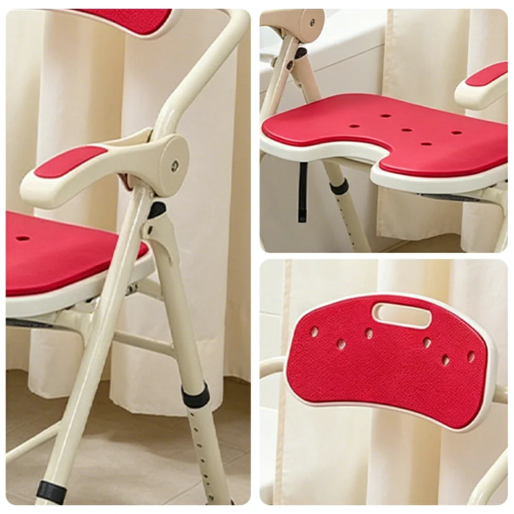 LIVARA Ultra-slim Foldable Shower Chair Reinforced Triangle Structure EVA Cushion Anti-slip Feet for Elderly Pregnant Home Bathroom Use - Red - Image 3