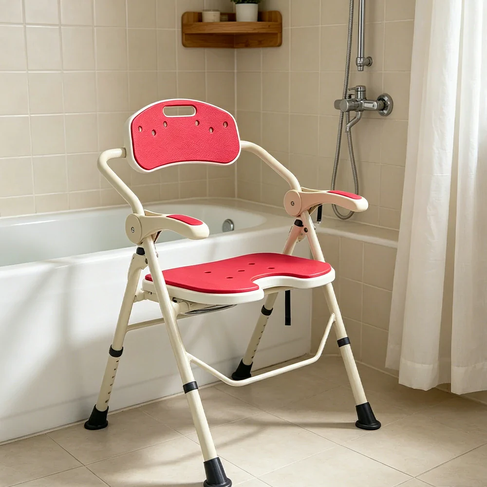 LIVARA Ultra-slim Foldable Shower Chair Reinforced Triangle Structure EVA Cushion Anti-slip Feet for Elderly Pregnant Home Bathroom Use - Red - Image 4