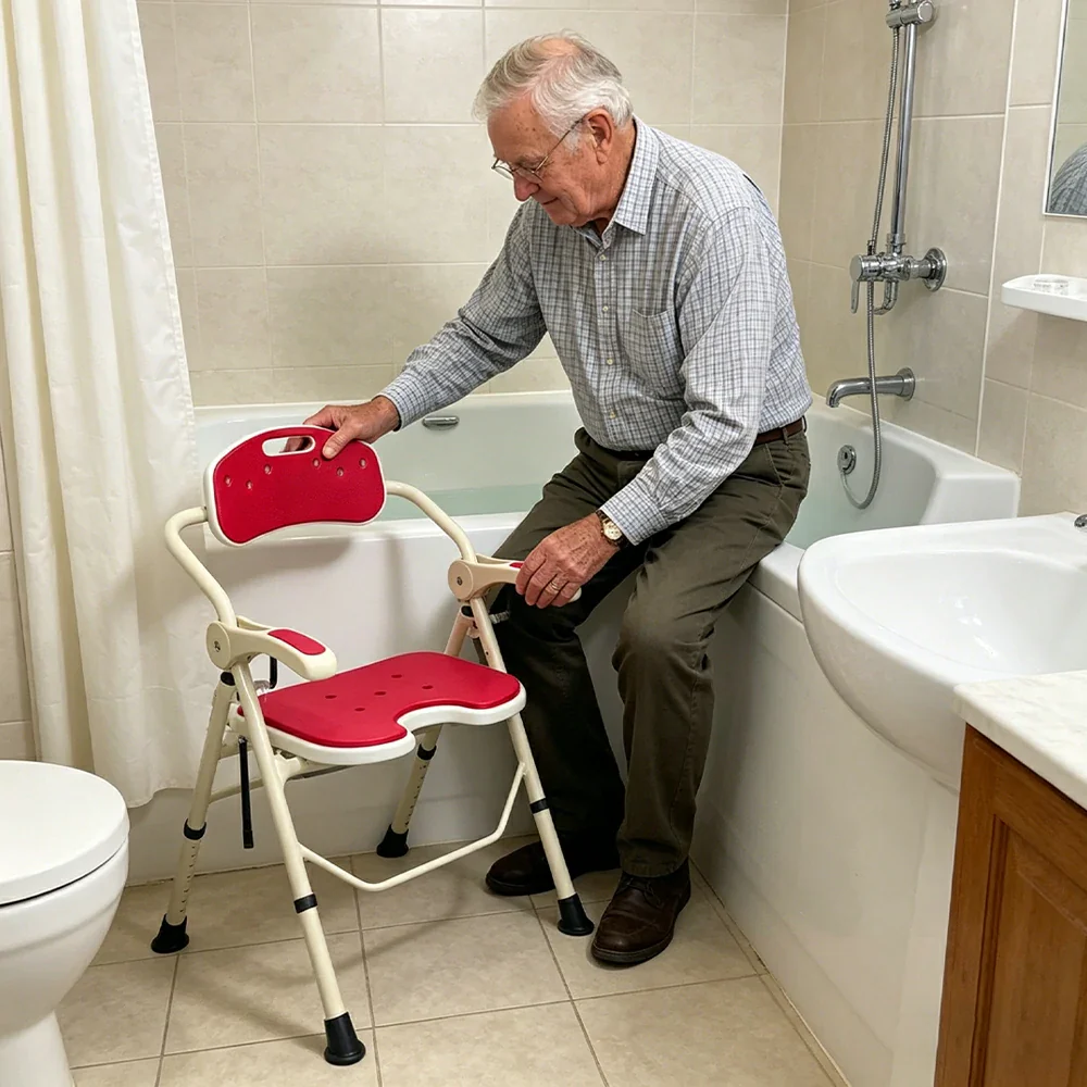 LIVARA Ultra-slim Foldable Shower Chair Reinforced Triangle Structure EVA Cushion Anti-slip Feet for Elderly Pregnant Home Bathroom Use - Red - Image 5