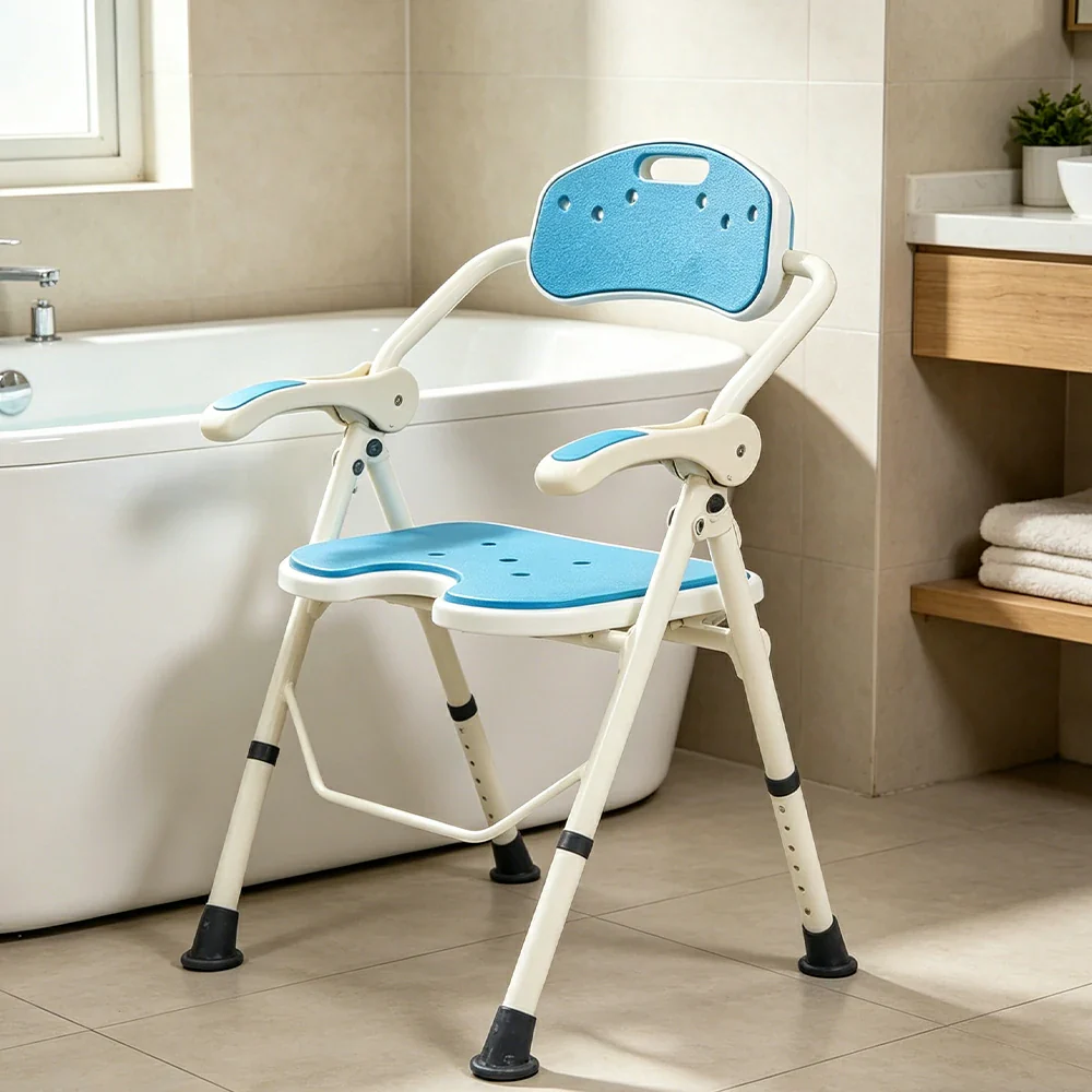 LIVARA Ultra-slim Foldable Shower Chair Reinforced Triangle Structure EVA Cushion Anti-slip Feet for Elderly Pregnant Home Bathroom Use - Blue - Image 2