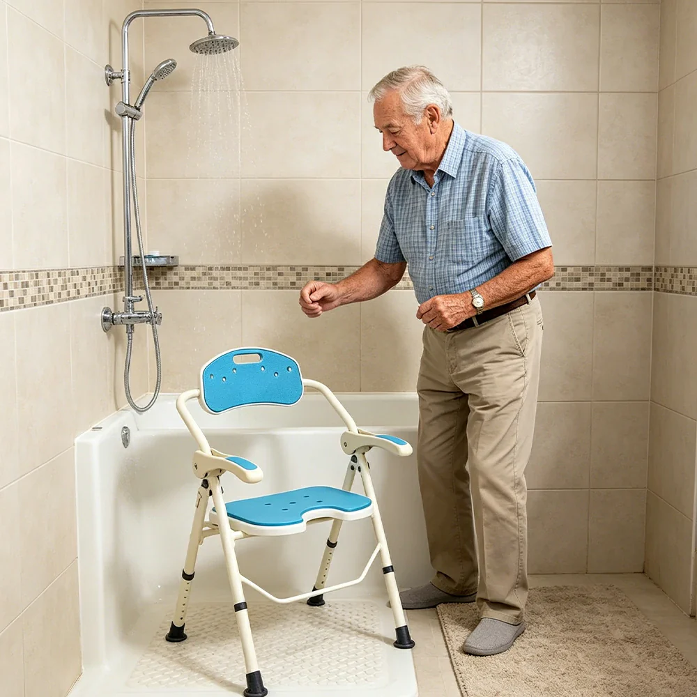 LIVARA Ultra-slim Foldable Shower Chair Reinforced Triangle Structure EVA Cushion Anti-slip Feet for Elderly Pregnant Home Bathroom Use - Blue - Image 5