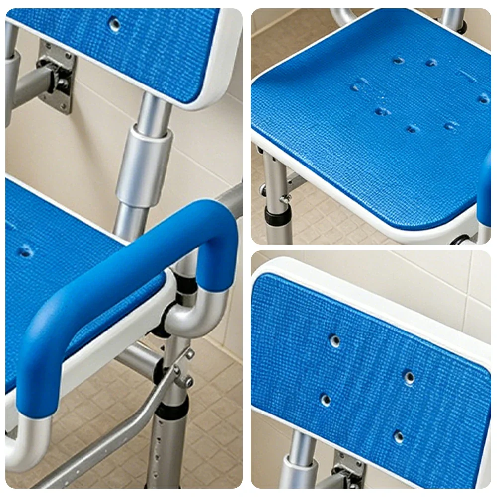 LIVARA Wall-mounted Foldable Shower Chair Wide Seat Backrest Dual Armrests Adjustable Height for Elderly Pregnant Bathroom Use - Blue - Image 3